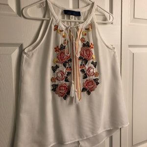 White Sleeveless Blouse with Floral Embroidery